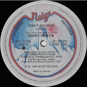 Can't Believe (Vocal) b/w Can't Believe (Instrumental) (as Nancy Martin)